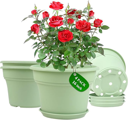 16 inch Plastic-Flower-Pot-for-Indoor-Plants, 4 Pack Large Outdoor Planter Pot with Drainage Holes & Saucers, Resin Decorative Garden Pots Planters