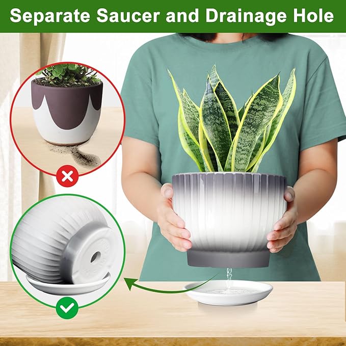 6.7 + 5.5 Inch Plant Pot, Ceramic Planter with Drainage and Saucer, Ceramic Pots for Plants, Indoor Plant pots,Ceramic Flower pots（Gray + White, Plants NOT Included）