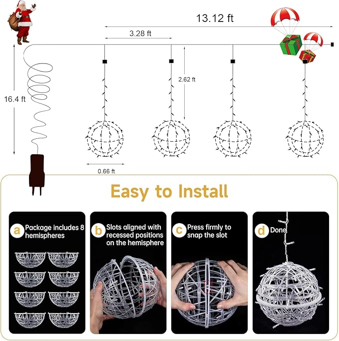 Christmas String Lights Outdoors,4 Pack 7.87" Sphere Lights,Ball Tree Garden Globe Lights for Home, Party, Christmas, Porch Patio,Wedding, Garden,Tree Decoration with Plug