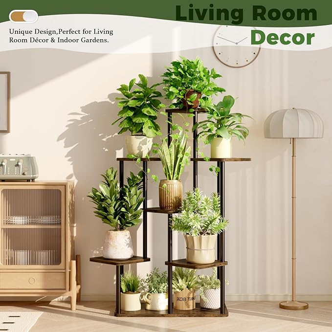 7 Tiered Plant Stand Indoor Corner Plant Shelf for Multiple Plants for Patio Garden Balcony Living Room Bedroom, Tall Metal Flower Pots Stand Relaxing for Women Gift Brown Oak