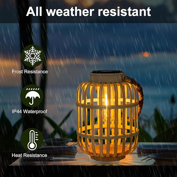 pearlstar Outdoor Solar Lanterns Light Rattan Natural Lantern with Handle for Hanging or Table Lamp for Patio Yard Garden Wedding Home Decoration, Edison Bulb, Auto on/Off (Style 4)
