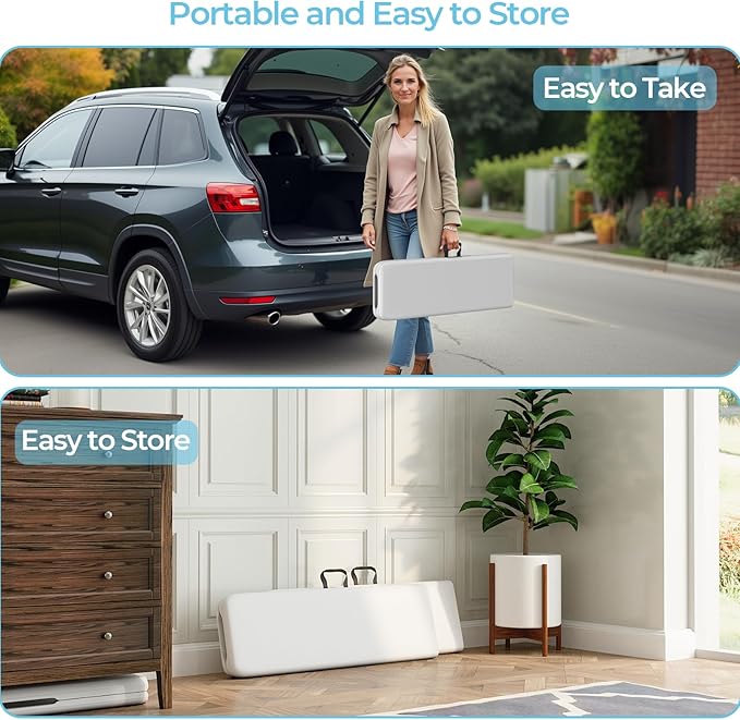 6ft HDPE Folding Bench, Foldable Seat with Sturdy Frame and Security Lock for Indoor and Outdoor, Multipurpose Entertaining Activities, Portable and Easy to Store, 2 Pack, White