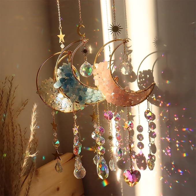 Crystal Suncatcher Hanging Moon Sun Light Catcher with Glass Prisms for Window Natural Kyanite Crystal Decor Home Indoor Making Rainbows