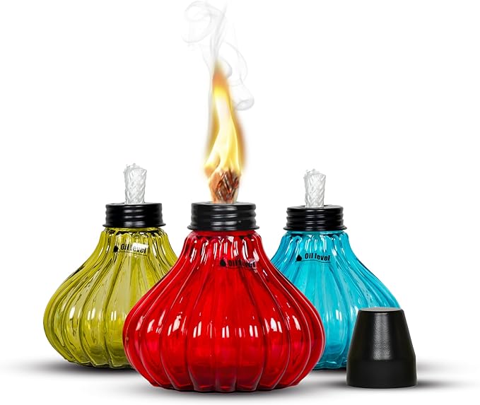Deco Window Pack of 3 Table Torch for Indoor Outdoor Citronella Oil Tabletop Glass Lamp Landscape Multicolored Lantern with Fiberglass Wick & Cap for Garden Patio Yard Party Decor Light