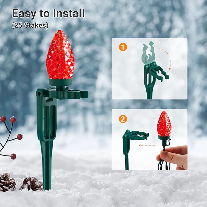 SURAIELEC 2 Pack Christmas Pathway Lights Outdoor, Total 50FT 50 LED C9 Christmas Lights with Stakes, Connectable Ground Lights for Yard, Walkway, Driveway Decor, Multicolored, UL Listed