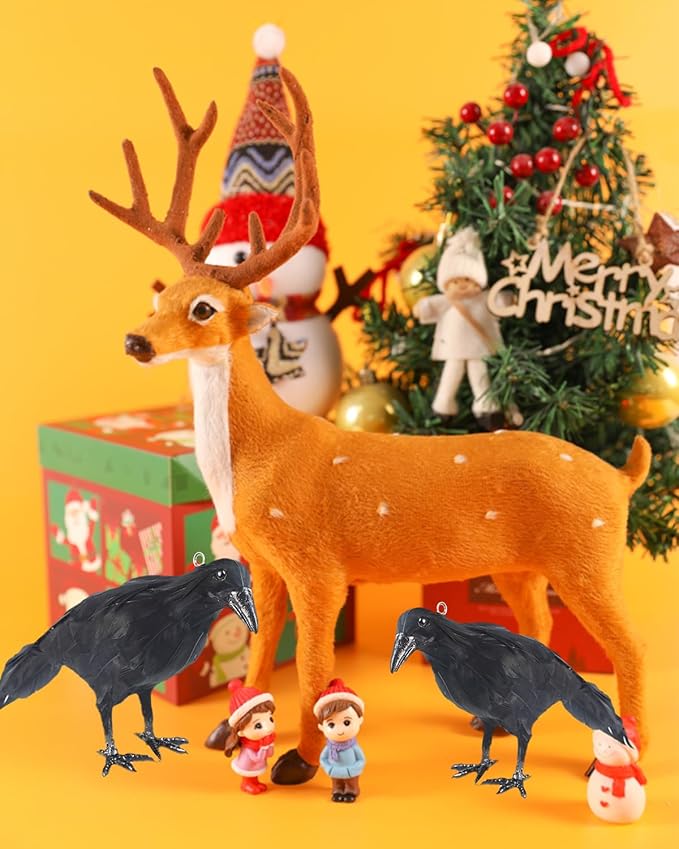 Hanging Dead Crows, 13 Inches Life-Size Raven, Realistic Handmade Fake Decoy for Garden Christmas Halloween Decorations [Face Up+Face Down+Stand] 2PC