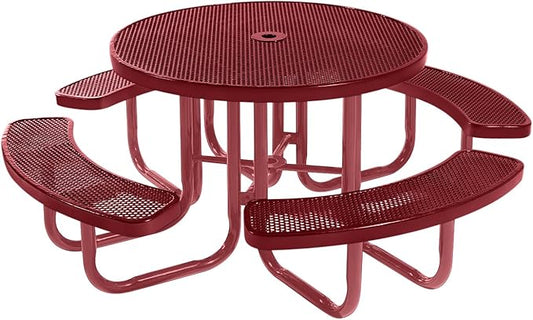Heavy-Duty Portable Outdoor Picnic Table with Umbrella Hole, Punched Steel Commercial-Grade Patio Furniture Made in America (46" Round Top, Burgundy with Burgundy Frames)