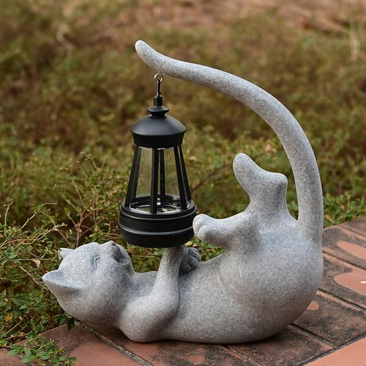 Solar Cat Garden Statue 10 Inch Porch Patio Decor for Outside Yard Decoration Outdoor Unique Housewarming Gardening Birthday Gifts for Cat Lovers Women Grandma