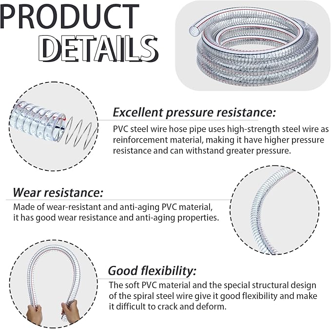 Frienda Heavy Duty Steel Wire Flexible Tubing with Fasteners PVC High Pressure Drain Hose Tube Pond Tubing Clear Wire Reinforced for Pond Bilge Pump Vacuum Suction Hose(6.6 Ft, 3/4 Inch Id)
