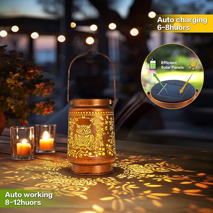 Solar Lanterns Outdoor Garden Decor, Gifts for Women, Mom, Grandma, Birthday, Thanksgiving, Decorative Waterproof Hanging Metal LED Light for Yard, Patio, Lawn, Landscape, Backyard (Owl)