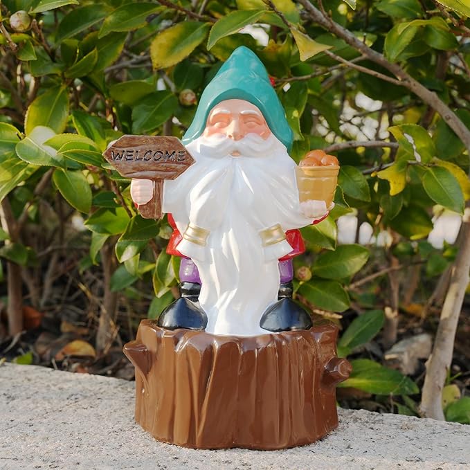 Bbiamsleep 8 Inch Garden Gnome Statue Resin Gnome Figurine with Welcome Sign Outdoor Garden Gnome with Tree Stump Gnome Lawn Statue for Indoor Outdoor Home Patio Yard Lawn Fairy Garden Decor