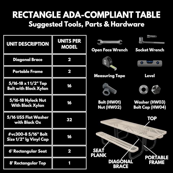 Heavy-Duty Portable ADA-Compliant Outdoor Picnic Table, Punched Steel Patio Dining Furniture Made in America (8ft Rectangular, One-Side Handicap, Textured Gold Vein)