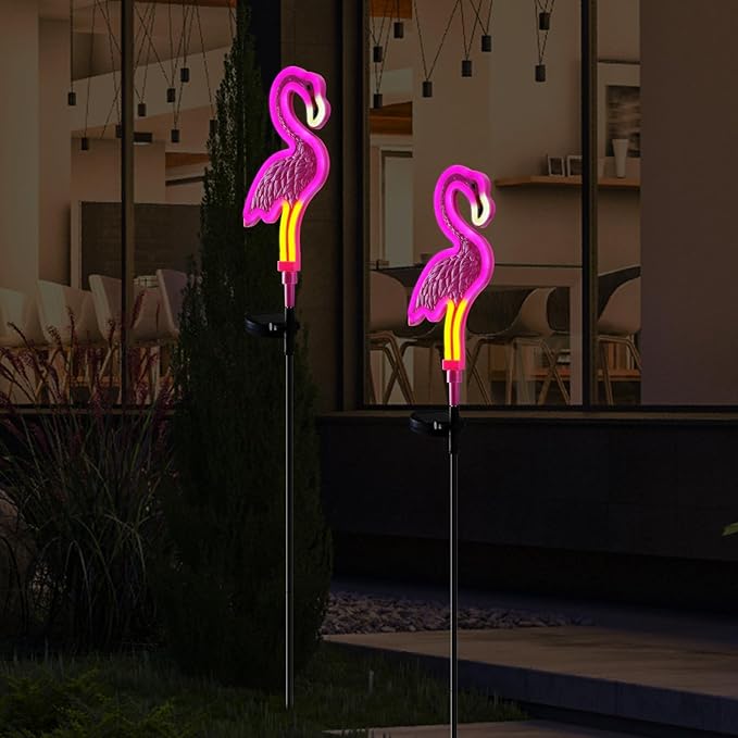 Flamingo Solar Lights Outdoor Decor,Solar Pink Flamingos Outdoor for Yard Decorations, Pink Neon Solar Flamingo Garden Lights for Outside,Pathways,Patio, Lawn, or Landscaping Decor(2Pack)