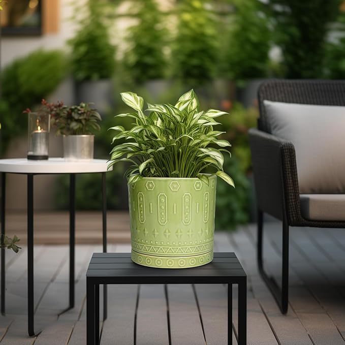 8 Inch Plant Pots - Ceramic Planter for Indoor Plants Outdoor, Round Ceramic Flower Pots with Drainage Hole and Saucer, Boho Decorative Planter, Home Bedroom Decor, Birthday Gifts, Green