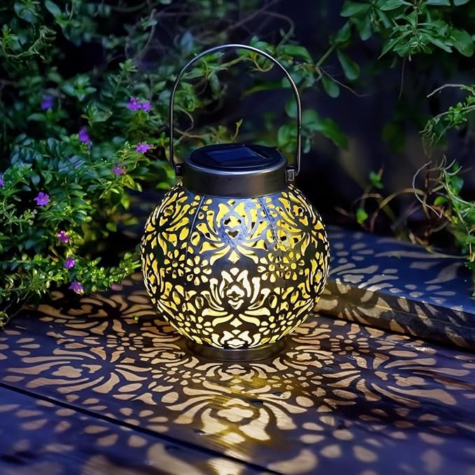Set of 2 Outdoor Solar Hanging Lantern Lights Metal LED Decorative Lamp for Garden Patio Courtyard Lawn and Table with Hollowed-Out Design (Antique Bronze)