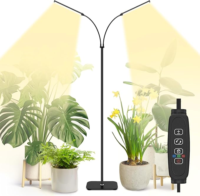 Plant Light for Indoor Growing, Full Spectrum Grow Light with 2 Heads,66.5in Extendable,144LEDs,10-Level Dimmable, Automatic Timer,Adjustable Gooseneck Floor Lamp for Tall Large Plants