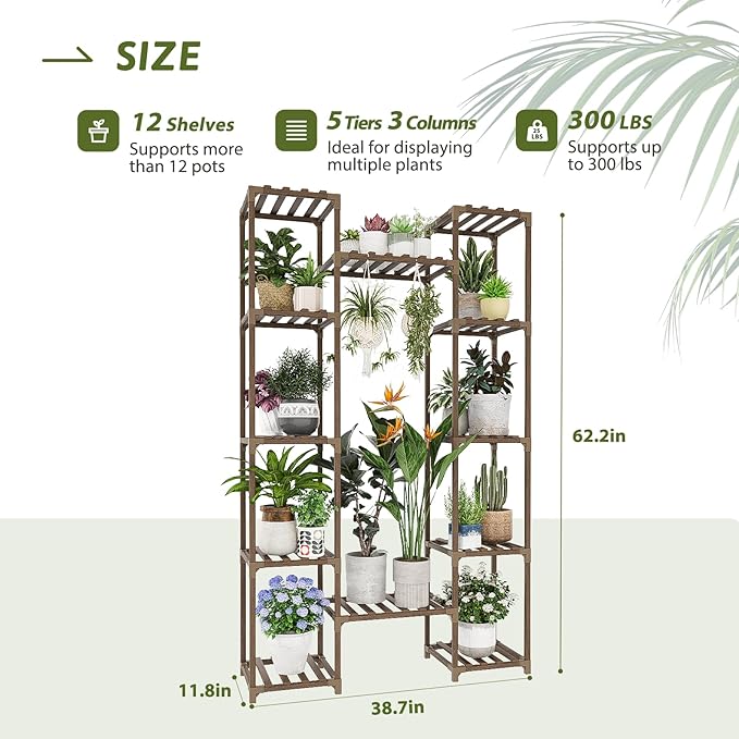 Plant Stand Indoor Outdoor 62.2“ Tall Large Plant Shelf Corner Tiered Plant Stands for Multiple Plants for Living Room Wood Hanging Plant Holder for Garden Balcony Patio Decor