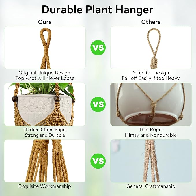 USLAI Macrame Handmade Basket Plant Hanger (2-Pack), for 3-8 Inch Pots, Indoor Outdoor Strong Hanging Planter Flower Pot Holder with Beads and Tassels, Boho Home Decor (POTS NOT Included) (Brown)