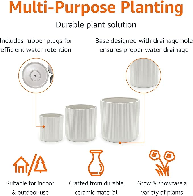 Amazon Basics Assorted Sizes Fluted Ceramic Round Indoor Outdoor Planters with Drainage, Set of 3, Modern Design, 6-Inch, 8-Inch, 10-Inch, White