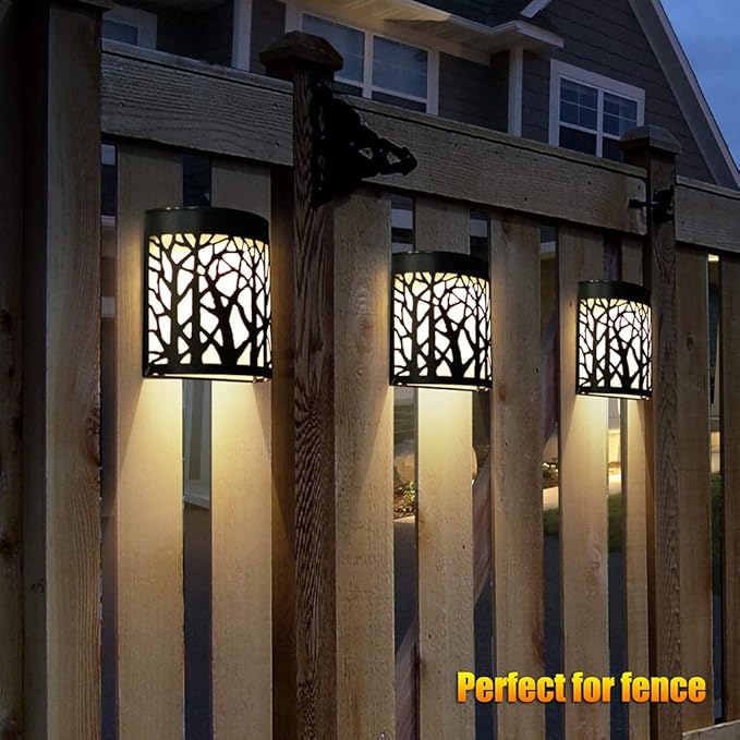 DenicMic Solar Wall Lights Outdoor Wall Sconce Fence Lighting for Patio Front Door Yard Deck Stair Led Forest Decorative Lamps, Waterproof, Warm White/Color Changing (2 Pack)