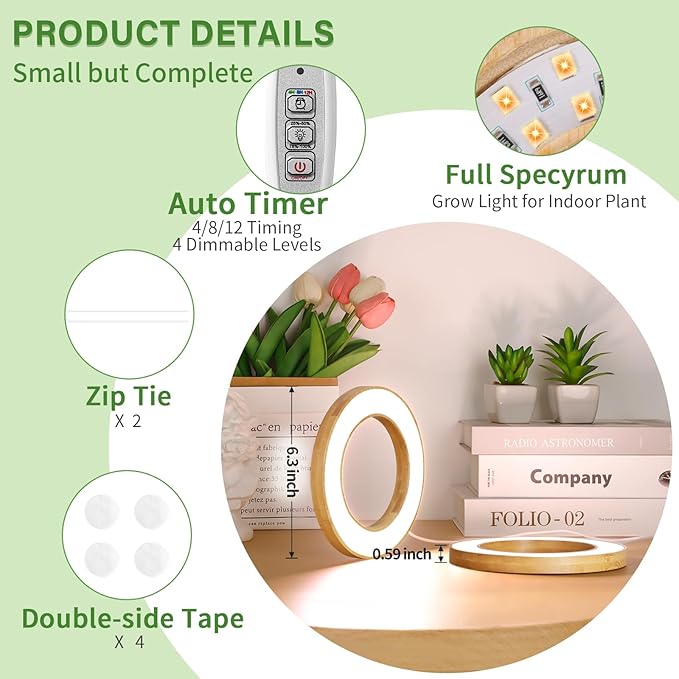 LORDEM 6.3" Bamboo Ceiling Grow Lamp for Indoor Plants, 216 LEDs Full Spectrum Halo Plant Light, Under Cabinet Grow Lights with 4/8/12H Auto Timer Switch Modes, 4 Dimmable Brightness Levels, Tri Head