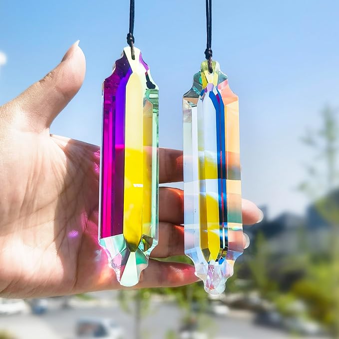 HDCRYSTALGIFTS 2 Pack 5" Large Crystal Suncatcher Prisms,AB Crystals for Sun Catchers,Rainbow Maker Hanging Prisms for Windows,Room,Chandelier,Garden Home Decor