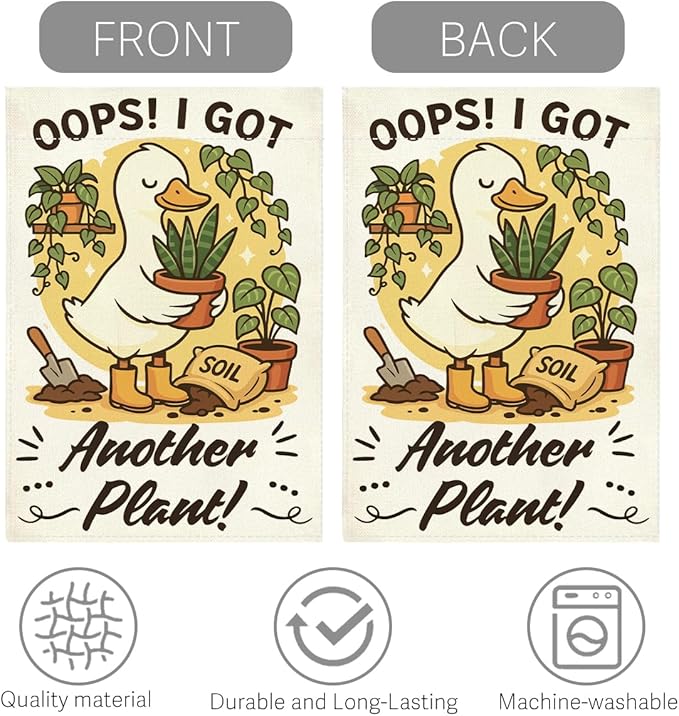 Funny Silly Goose Garden Flag Oops I Got Another Plant Lover Gift Outdoor Decorations Small Double Sided Burlap art Stained Glass Style Garden Flags 12 x 18 Inch for Outside