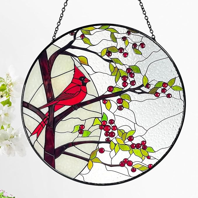 Stained Glass Window Hanging Sun Catcher 7.8”- Cardinal in Full Moon Stained Glass Suncatcher, Red Berry Tree, Nature, Indoor Decor, Wall Art, Gifts for Women