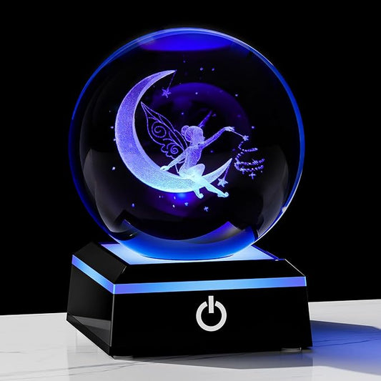 Qianwei Moon Fairy 3D Crystal Ball Laser Engraved Fairy Glass Ball Fairy Night Light Decorative Globes 3D Crystal Moon Sphere Fairy Gifts for Girl Her Fairy Lover