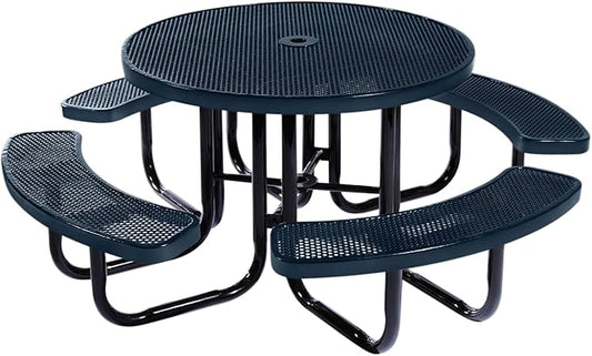 Heavy-Duty Portable Outdoor Picnic Table with Umbrella Hole, Punched Steel Commercial-Grade Patio Dining Furniture Made in America (46" Round Top, Dark Blue)