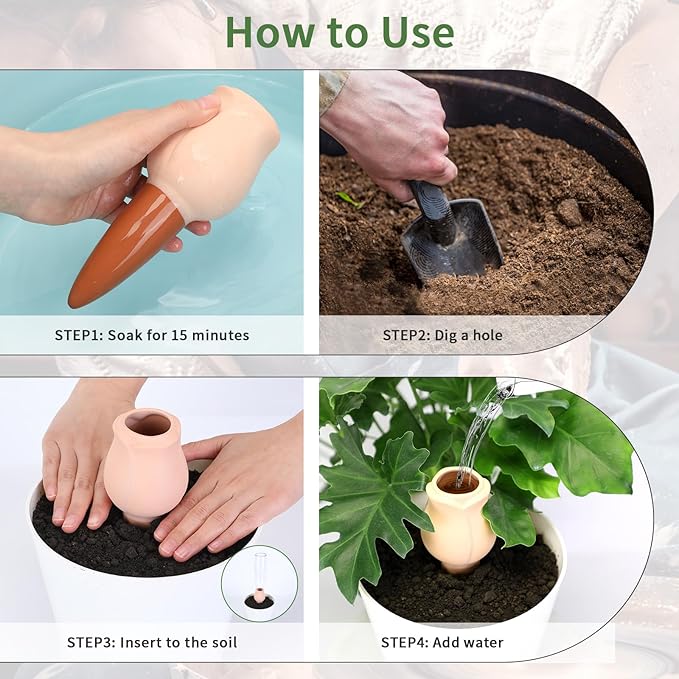 WILDKEN Terracotta Watering Spikes, 4 Pack Tulip Shaped Plant Watering Globes Vacation Self-Watering Planters Devices for Indoor and Outdoor Plants