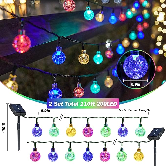 Solar Lights Outdoor Waterproof, 2 Pack Total 200LED 110FT Solar String Lights for Outside w/ 8 Modes, Outdoor String Lights Crystal Globe Patio Lights for Garden Yard Party Decor(Multicolor)