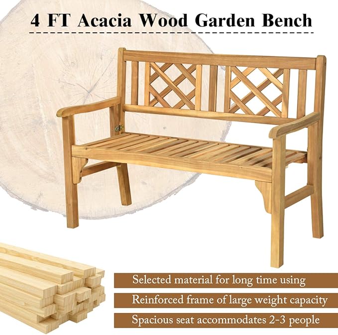 Giantex 4 Ft Foldable Outdoor Bench, Acacia Wood Outside Loveseat with Curved Backrest and Armrest, 705Lbs Weight Capacity, Garden Bench for Patio, Park, Porch, Balcony