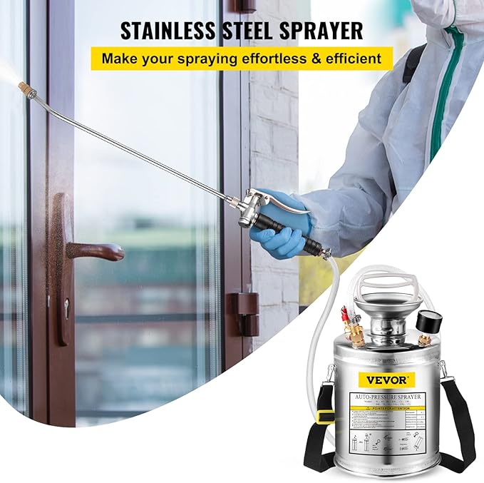 Happybuy 1 Gallon Stainless Steel Pump Sprayer, 12" Wand & 3FT Reinforced Hose, Pressure Gauge, Safety Valve & Adjustable Nozzle, Garden Weed Sprayer for Lawn, Gardening, Sanitizing