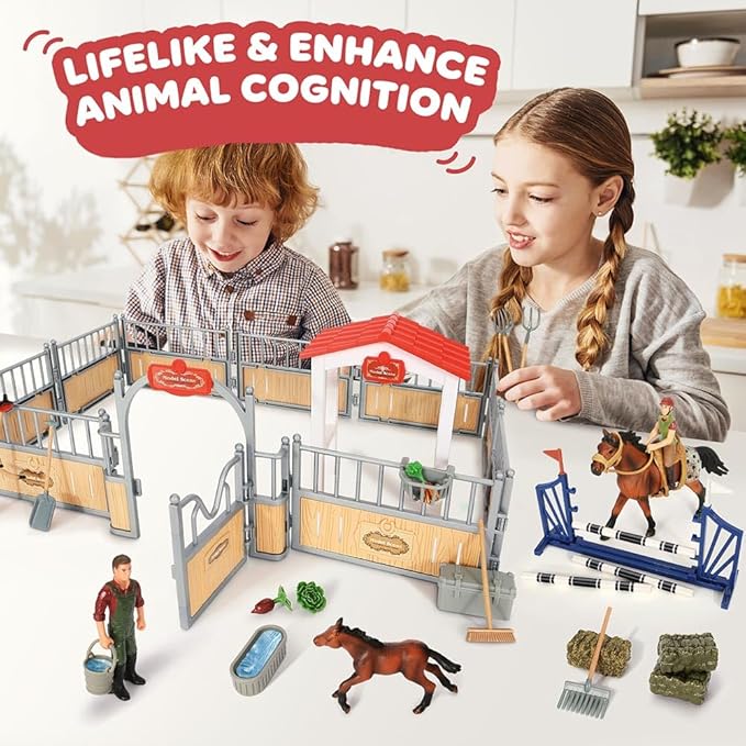 Horse Stable Playset, Horse Toys Set for Girls and Boys with Rider, Farm Animal Figurines Barn Toys, Pretend Play for Kids 3-5 6 7 8-10 Birthday Gifts