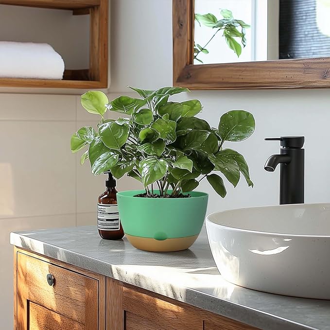 8 Inch Pots for Indoor Plants, Self Watering Planters with Drainage and Saucers, Plastic Outdoor Flower Pot, Set of 2, Green