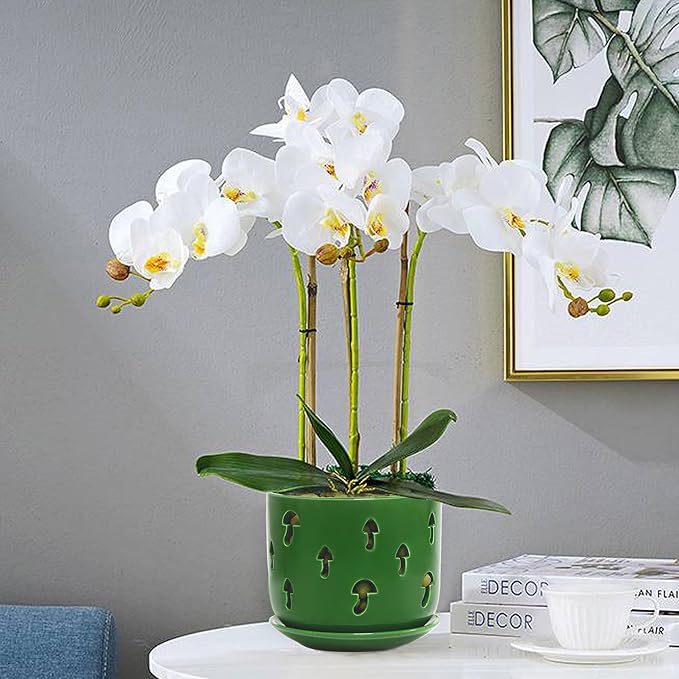 KERUITA Orchid Pots with Holes, 6 inch + 5 inch Orchid Planters with Dancing Mushroom Shaped Holes, Enhanced Drainage and Ventilation,Green Flower Pots for Indoor/Outdoor Plants for Repotting