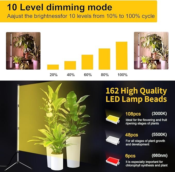 Grow Lights for Indoor Plants, Height Adjustable with On/Off Switch and Timer, Vertical Plants Grow Light for Indoor Plant Growth and Flowering