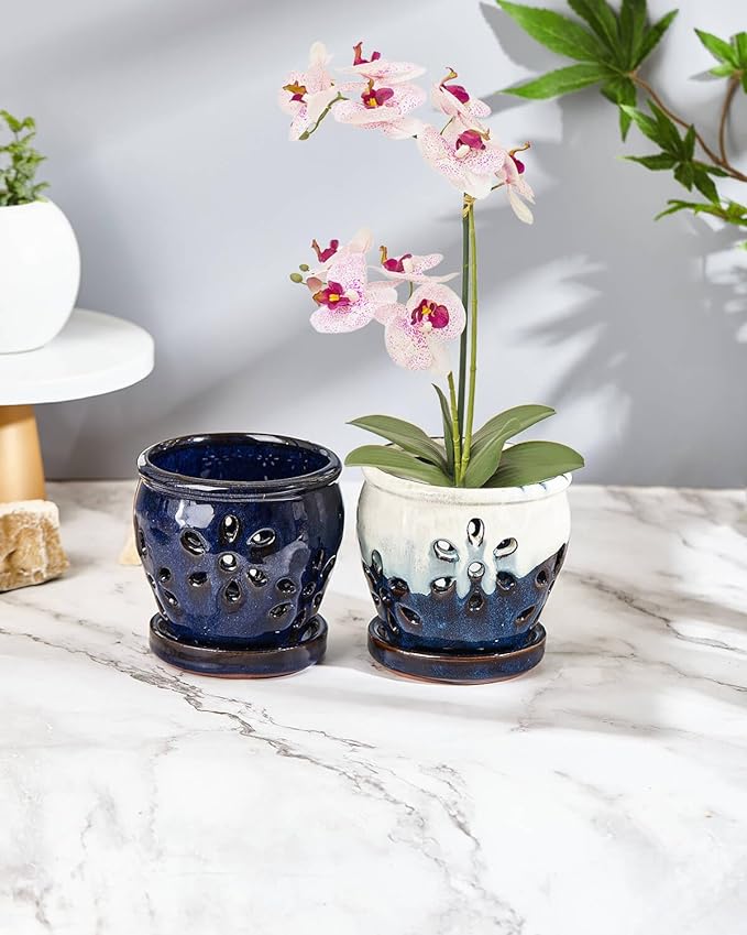 vensovo 4 Inch Ceramic Orchid Pots with Holes and Saucers - 2 Pcs Small Succulent Pot for Repotting, Garden Flowerpots for Plants Indoor and Outdoor Promotes Air Circulation (Blue, Blue Mixed)