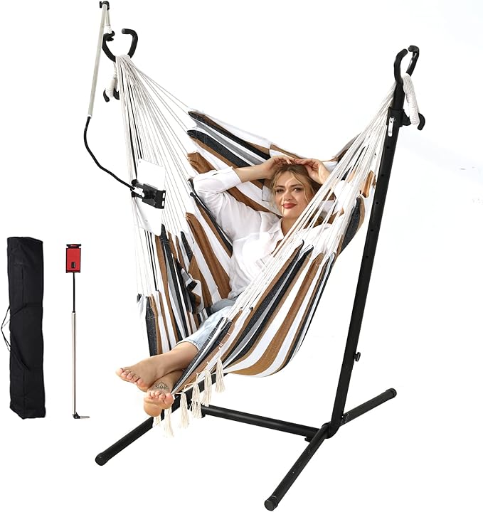 ZEYU Hammock Chair with Stand Double Hammock Chair Bohemian Style with Tassel Mobile Phone Support Manual Adjustable Swing Indoor and Outdoor Garden Porch with Floor mat Reclining Capacity 400 pounds