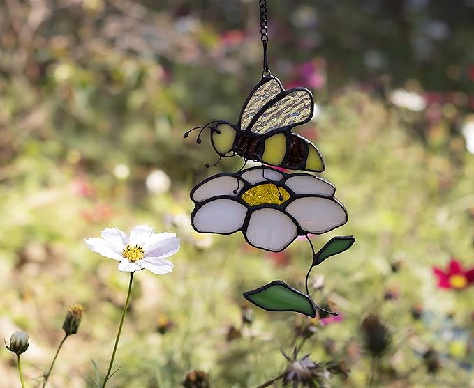 Bee Suncatcher Flower Stained Glass Window Hangings, Bee Decor Party Birthday Bee Gifts for Women,Bee Lovers, Housewarming Gifts.