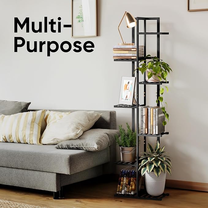 ROSSNY Plant Stand Indoor, 7 Tier 8 Potted Bamboo Plant Stands for Indoor Plants, Corner Plant Stand, Tiered Plant Stands, Plant Shelf For Indoor, 55 Inch Tall Planter Holder for Multiple Plants Indoor, Black