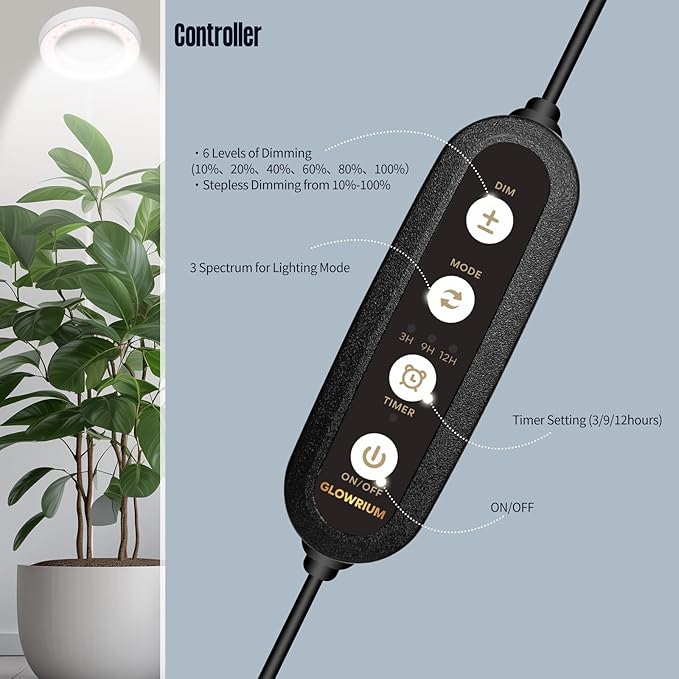 GLOWRIUM Indoor Grow Light, 40 Watt Full Spectrum LED Plant Growth Light with Stand, Adjustable Height with Timer 3/9/12 hrs, Black LED Plant Lamp