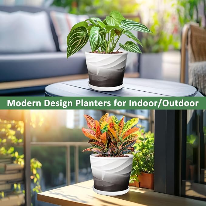 8 Inch Plant Pot, Ceramic Planter with Drainage and Saucer, Ceramic Pots for Plants, Indoor Plant pots,Ceramic Flower pots(Dark Gray+White)