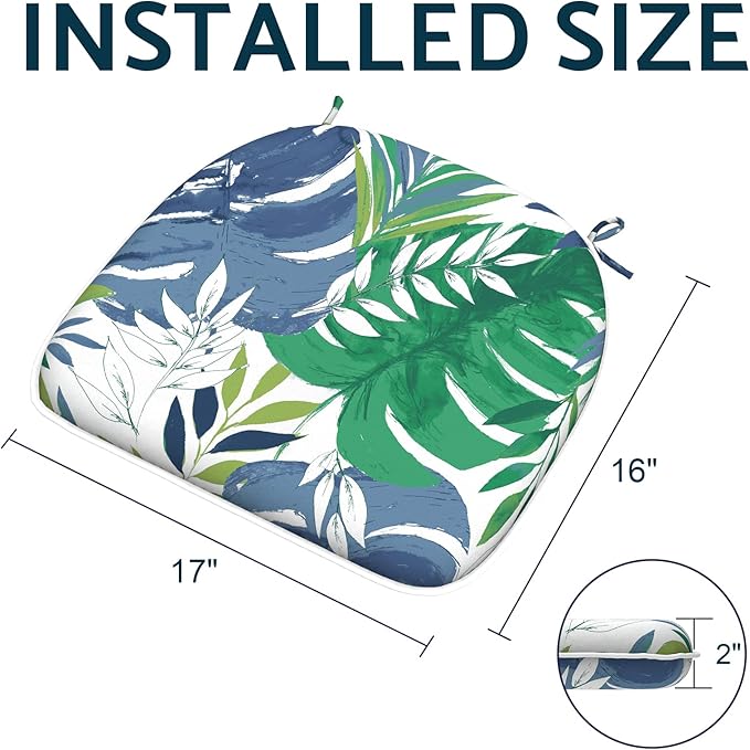 Indoor/Outdoor Chair Cushions 16x17 Inch, Patio Chair Cushions with Ties, All Weather Seat Cushions for Patio Furniture Home Garden Chair Use, Set of 4, Islamorada Blue Green