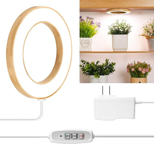LORDEM 6.3” Bamboo Ceiling Grow Light for Indoor Plants, 72 LEDs Full Spectrum Plant Light, Corded, Halo Under Cabinet Growing Lamp with 4/8/12H Auto Timer, 4 Brightness Levels, Ideal for Pot Plants