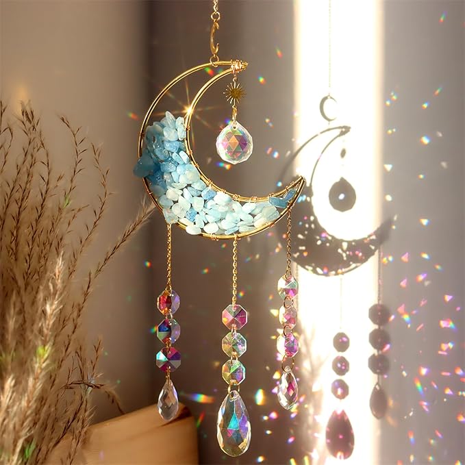 Crystal Suncatcher Hanging Moon Sun Light Catcher with Glass Prisms for Window Natural Kyanite Crystal Decor Home Indoor Making Rainbows