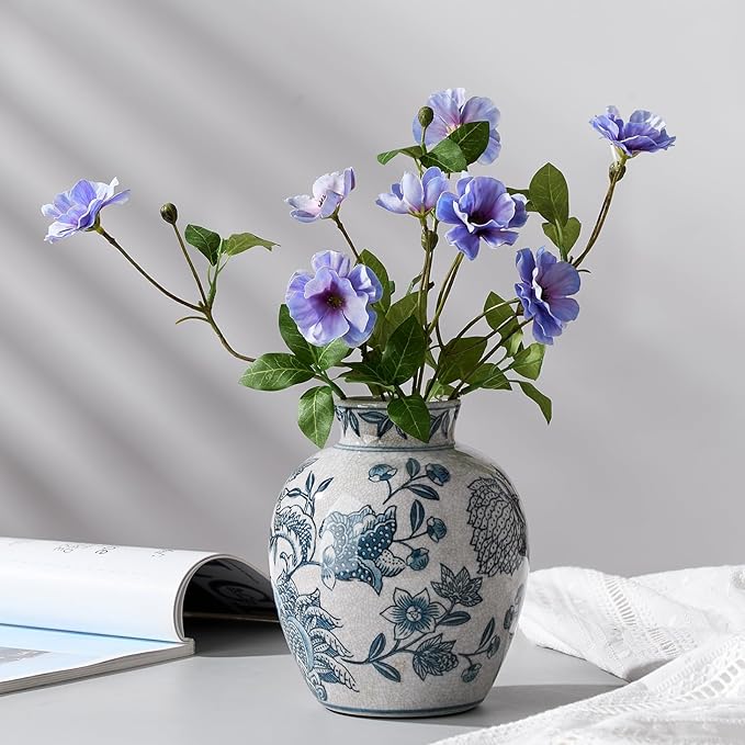 SIDUCAL Ceramic Chinoiserie Floral Vase | 6.3 Inch Blue and White Vintage | Retro Ice Cracked Blue and White Porcelain Vase for Table, Living Room, Bathroom Decoration, Shelf Decor, Mantel
