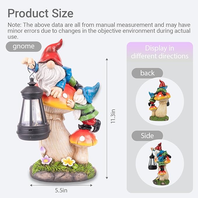 Solar Garden Statue Gnomes Figurine Lights,Funny Gnomes Standing on Mushrooms with Lanterns, with Lanterns Outdoor Yard Decorations for Patio Porch Home, Garden Gifts for Women Mom