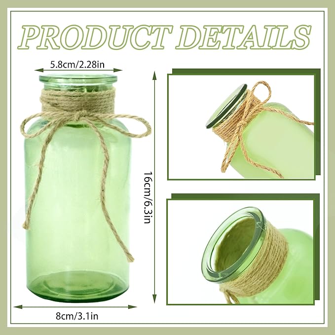 Vintage Glass Flower Vase，12 Pack Green Farmhouse Glass Centerpiece Vases Mason Jars for Weddings, Parties & Home Decor Bulk (12, Green)